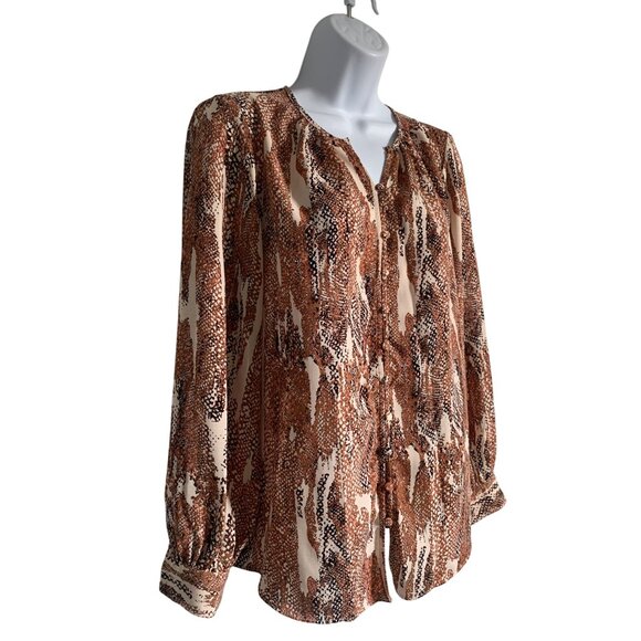 Nine West Womens Petite Snake Print Blouse Brown & Cream Long Sleeve Size PS - Picture 3 of 10